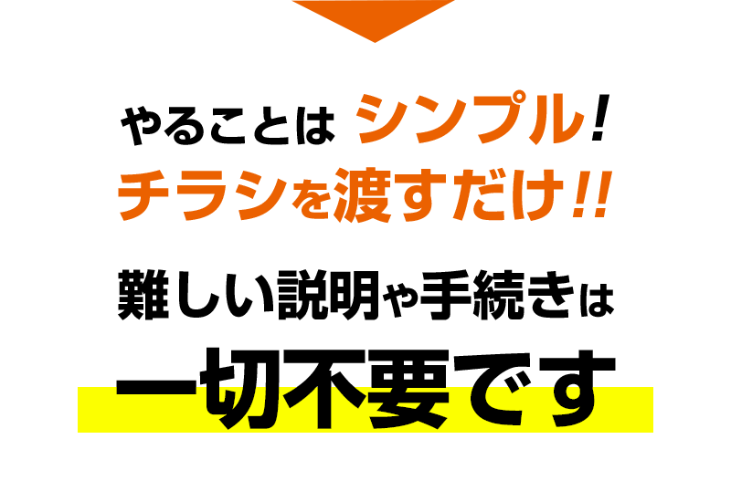 やることはシンプル!チラシを渡すだけ!難しい説明や手続きは一切不要です。